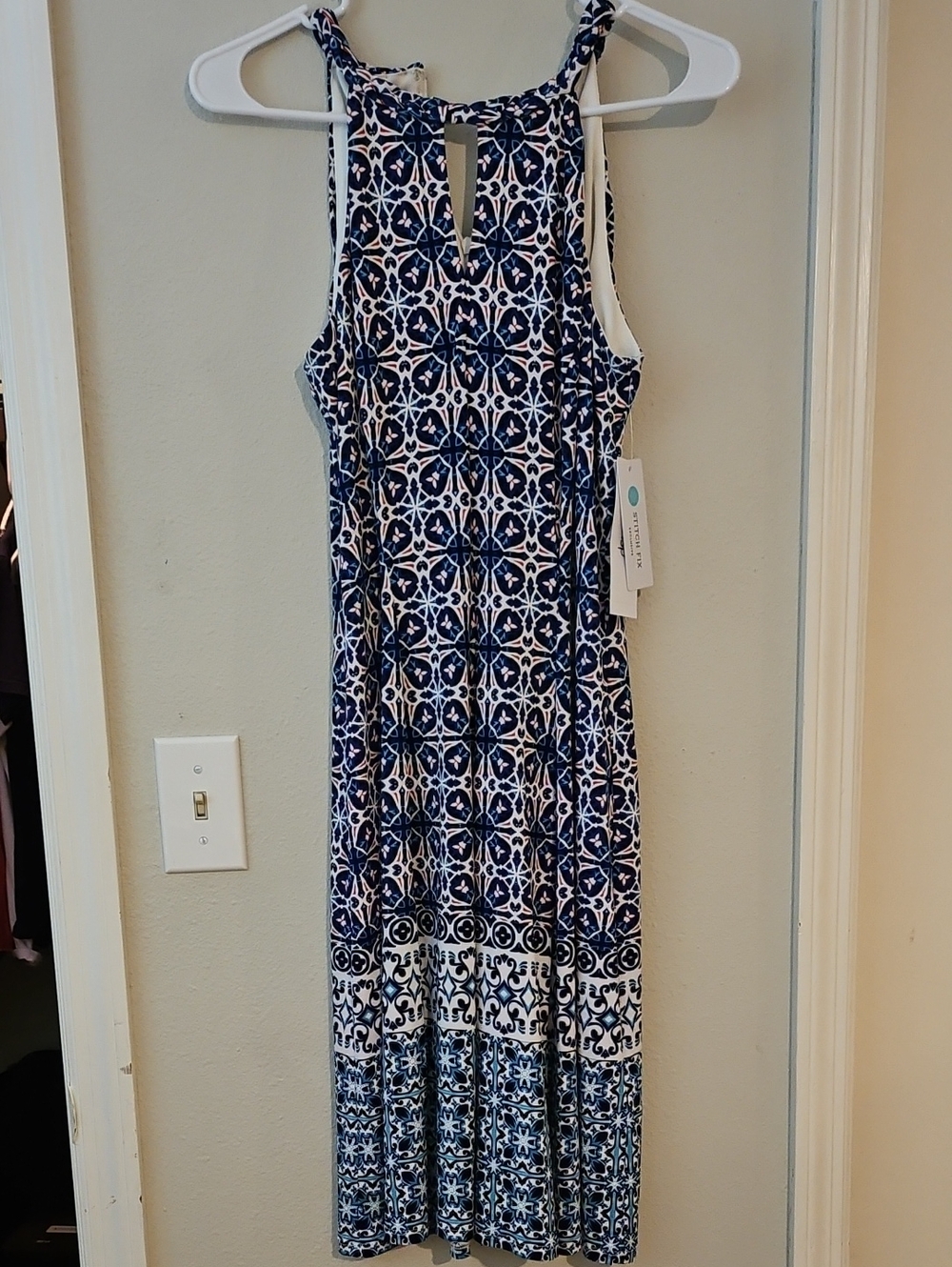 Navy & White Printed Halter Maxi Dress